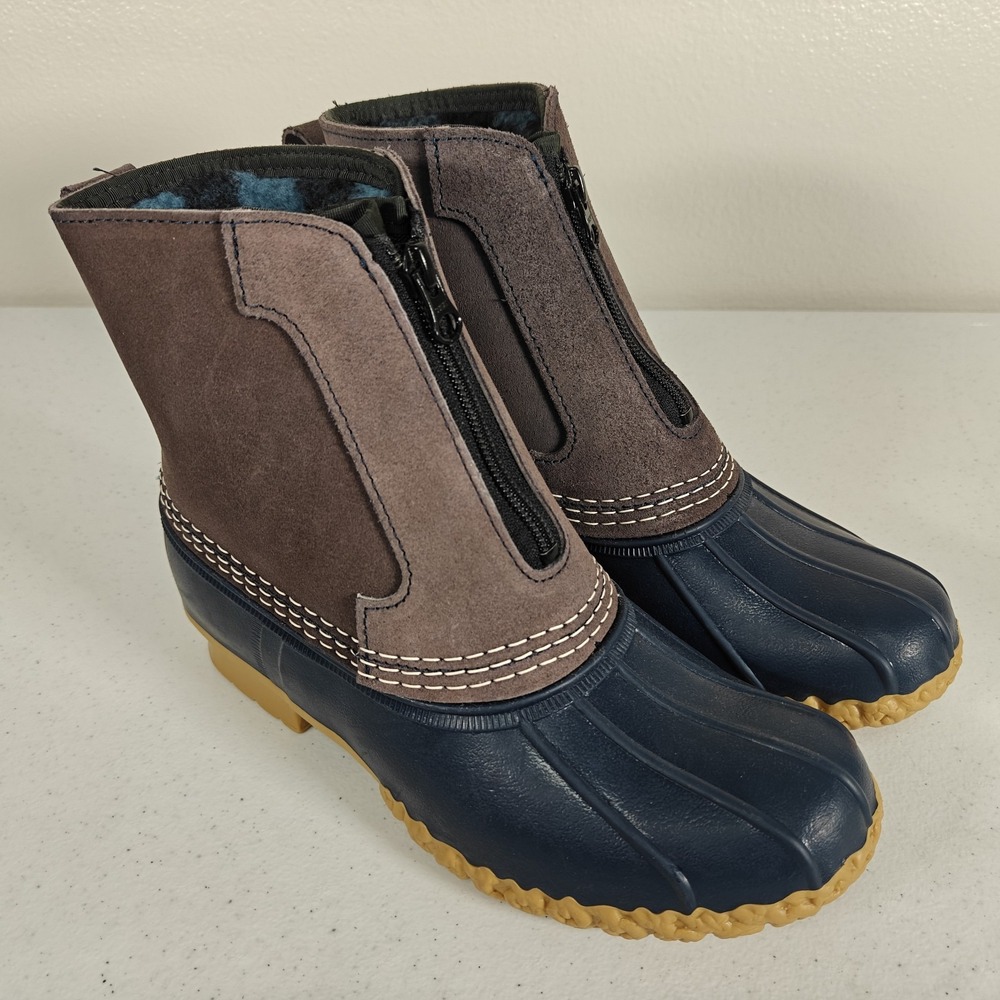 LL Bean Blue Leather Front Zip Fleece Lined Insulated Duck Boots Women's Size 6